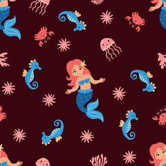 Seamless pattern with little mermaids. Underwater world with seahorses, crabs and jellyfish. Design for fabric, textile, wallpaper, packaging
