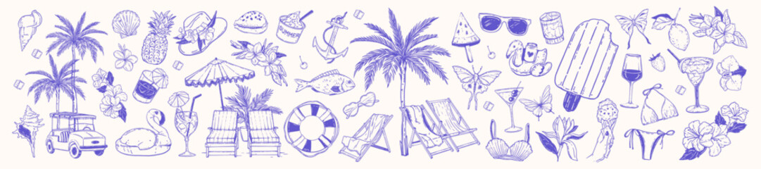 Tropical summer doodle icon set, vector hand drawn exotic vacation line illustration, pool party kit. Hawaii beach holiday rest, palm tree, paradise cocktail glass, flowers, seashell. Tropical summer