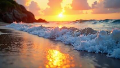 Fototapeta premium Golden hour sunlight illuminates breaking waves on beach, sand, tropical, goldenhour
