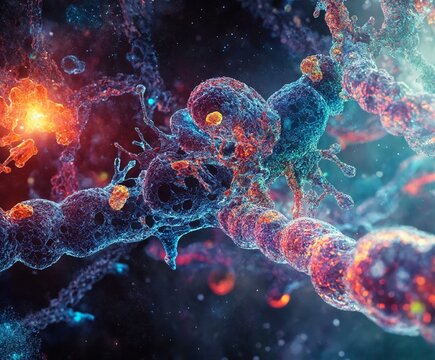 Hermosa representaci&oacute;n de estructuras celulares en un entorno microsc&oacute;pico lleno de color y energ&iacute;a.