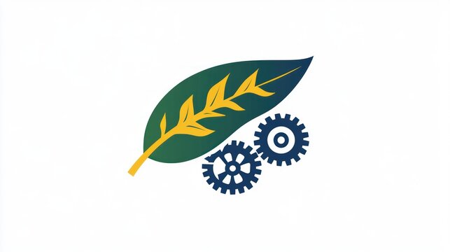 Eco-friendly technology logo, sustainable innovation, leaf gear mechanism, corporate identity