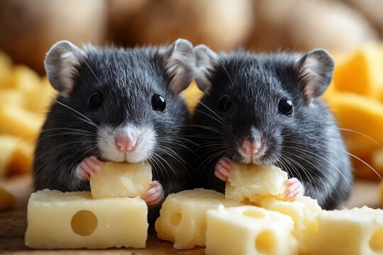 Dos adorables ratones disfrutan de trozos de queso en un entorno c&aacute;lido y acogedor.