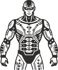 Futuristic robot warrior illustration with cybernetic armor design, monochrome style, strong humanoid figure