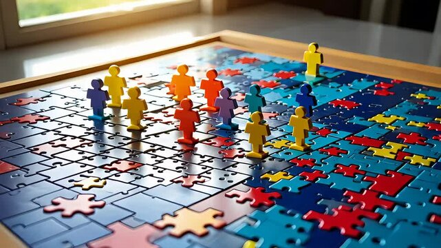 Colorful puzzle game with miniature human figurines standing on various pieces in symbolic teamwork concept

