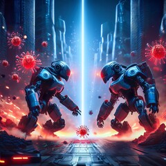 Fototapeta premium Futuristic Robotic Avatars Combat Molecular Structures in a Digital Biohazard Scene.Generative AI