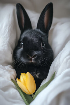 A black rabbit is wrapped in soft cotton cloth, with a single yellow tulip nestled between its paws. Close up. Cute animal cover. Minimal Easter wallpaper	