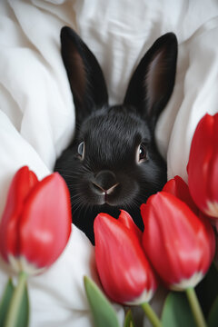 A black, fluffy bunny snuggled up in soft, warm blankets, surrounded by vibrant red tulips, creating an adorable and cozy scene for the Easter celebration. Minimal spring idea. Easter wallpaper