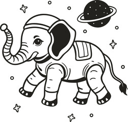 Fototapeta premium space elephant illustration astronaut elephant floating with stars and planet in black and white