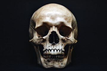 Obraz premium Human skull emerging from the darkness with teeth showing, evoking mortality and history