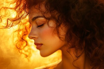 Beautiful Profile of a Young Woman with Curly Hair in Sunset Light