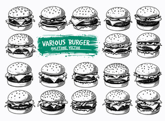 Set of classic beef cheeseburgers with lettuce, tomato, and onion halftone vector illustration
