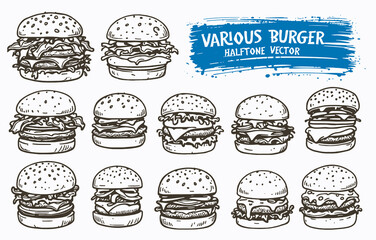 Set of classic beef cheeseburgers with lettuce, tomato, and onion vector illustration