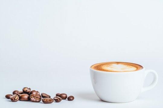 Warm cup of coffee showcases rich crema and scattered coffee bea