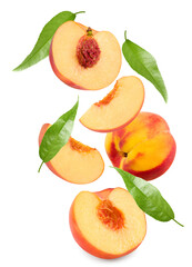 flying peach fruits with green leaf and slices isolated on white background. clipping path
