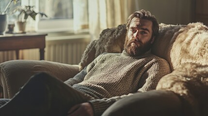 Obraz premium man relaxing on cozy couch in sunlit room