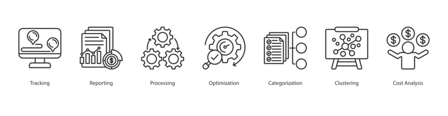 Data Visualization icon sheet vector line style tracking, reporting, processing, optimization, categorization, clustering, cost analysis