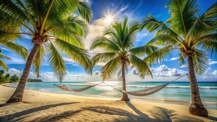 Obraz premium Idyllic Beach Scene with Hammocks Strung Between Palm Trees