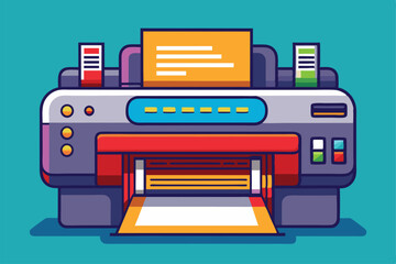 A printer in a whimsical style is actively printing colorful materials against a bright backdrop, Printer Customizable Disproportionate Illustration