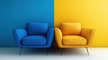 blue and yellow armchairs against a two-tone wall