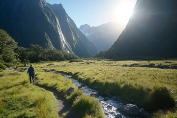 Obraz premium Solitary Hike at Sunrise: A lone hiker walks a tranquil path alongside a gentle stream, mountains and valley majestic in the sunrise. A serene scene of nature's beauty. 