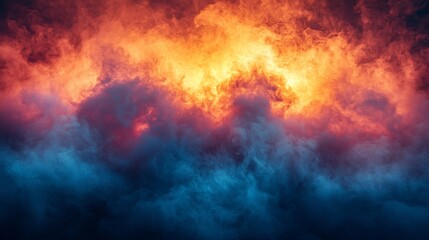 Dramatic sunset with vibrant orange and blue clouds swirling in a mystical sky