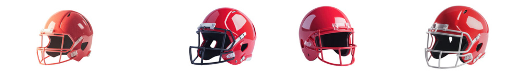 Fototapeta premium Red American football helmets displayed on a plain white background representing the sport of American football its equipment and athletic competition