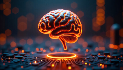 A highly detailed, futuristic brain with intricate circuit patterns and glowing orange lights above a complex, dark circuit board. Artificial intelligence concept.