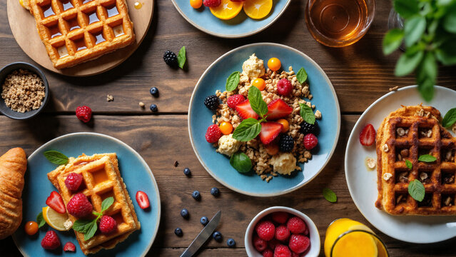 Exquisite Brunch Menu Displayed on Rustic Wooden Table - Perfect for Food Blogs, Culinary Magazines, and Restaurant Marketing
