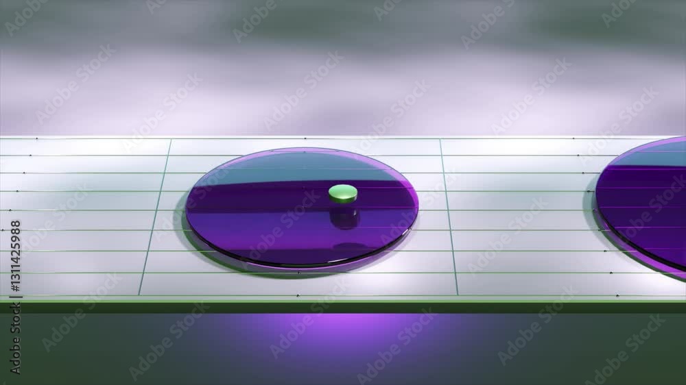 Poster green ball dynamically bouncing between purple pads, generating mesmerizing visual pattern across pr