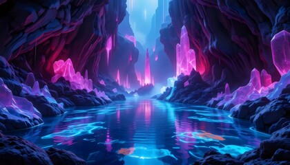 Neon Crystal Lagoon in a Mystical Underground Cavern