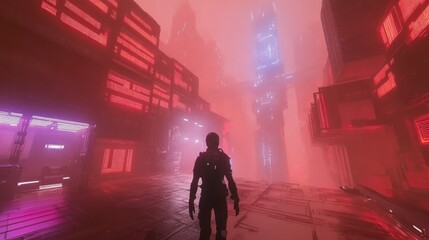 Futuristic city wanderer in neon fog