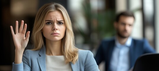 Stop It, Businesswoman Gesture Disapproval Seeking Attention From Man Boundaries at Office