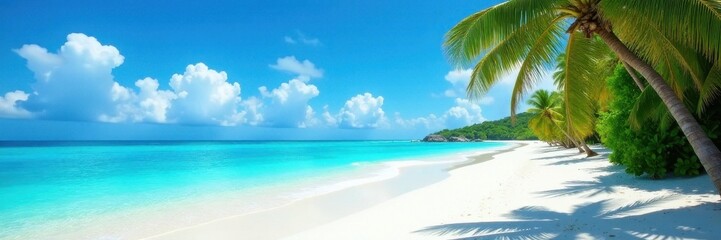 Fototapeta premium Azure water laps a white sand beach, palms sway gently in the breeze , ocean view, sunset, sea