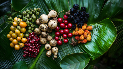 An assortment of edible jungle berries and freshly dug roots
