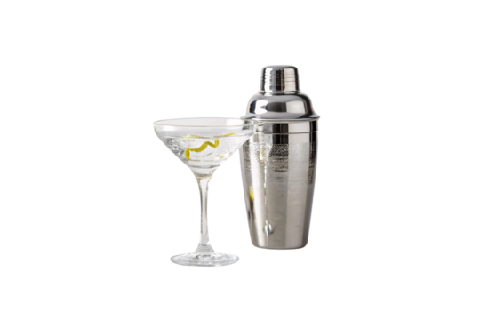 A chilled martini glass with a curled lemon twist sits beside a frosted cocktail shaker. Tiny droplets of condensation add freshness, isolated on a transparent background