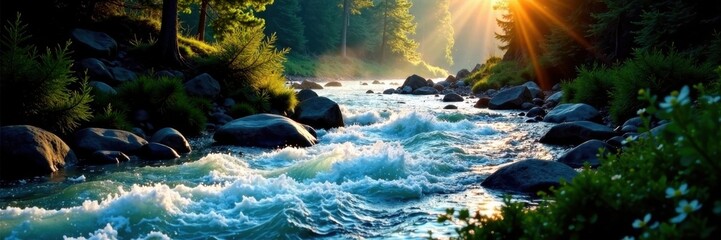Crystal clear river rushes through dark spruce forest, sunlight dapples the surface , landscape, photography