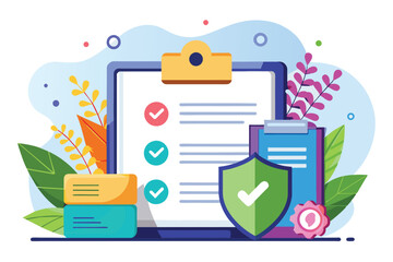 A decorative illustration shows a privacy policy document surrounded by colorful checkmarks and leaves, Privacy policy Customizable Semi Flat Illustration