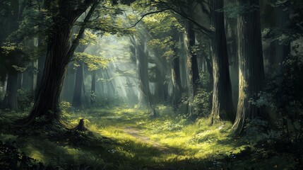 Naklejka premium Serene forest path sunlight trees AI generated