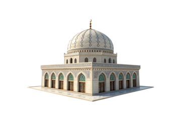 A grand symmetrical mosque featuring arched doorways, elegant windows, and a decorated dome, exemplifying Islamic architectural heritage, isolated on a transparent background