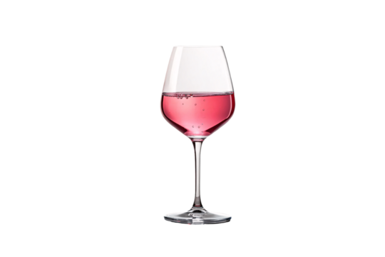A half-filled glass of rosé wine, deep pink with delicate bubbles clinging to the surface. The smooth curvature of the glass enhances the rich color, isolated on a transparent background