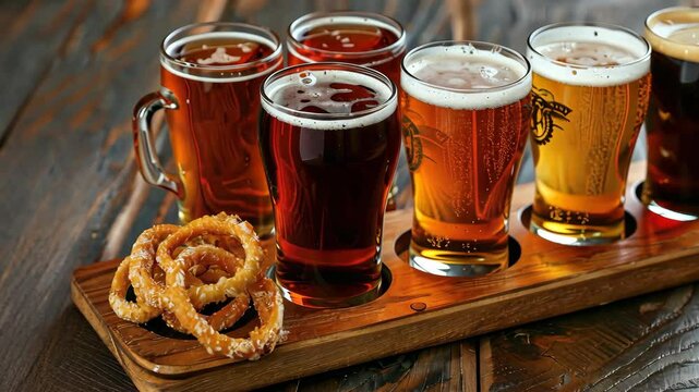 Enjoy a craft beer tasting featuring a selection of unique brews paired with a savory pretzel snack in a rustic bar setting