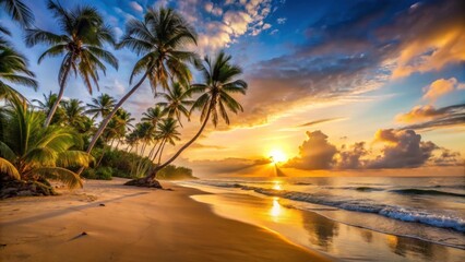Serene Tropical Beach at Sunrise with Palm Trees and Vibrant Sky