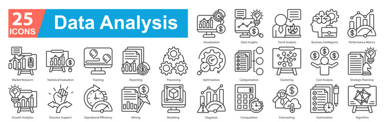 Data Analysis Icon Sheet vector line style Visualization, Data Insights, Trend Analysis, Business Intelligence, Performance Metrics, Market Research, Statistical Evaluation, Tracking, Reporting