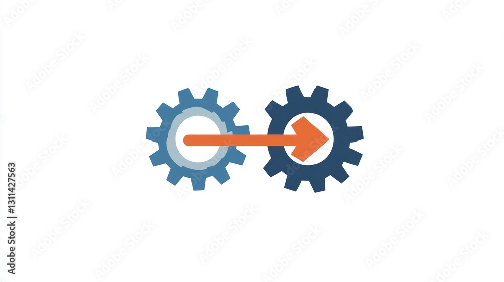 Poster two gears connecting with an arrow, symbolizing workflow or process. possible use business presentat
