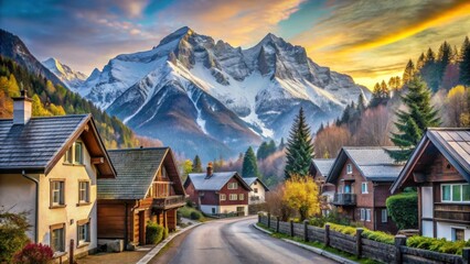 Serene Village Street Surrounded by Quaint Houses and Majestic Mountains