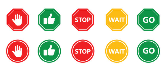 Stop, wait and go, bring symbol set in red, yellow and green color. Collection traffic signs icon.