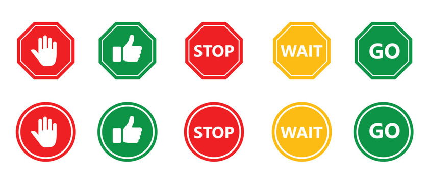 Stop, wait and go, bring symbol set in red, yellow and green color. Collection traffic signs icon.