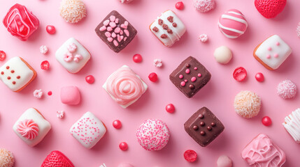 Assorted pink and white sweets on a pastel background