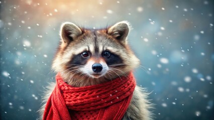 Obraz premium A charming raccoon, bundled in a warm red knitted scarf, gazes serenely amidst a gentle snowfall.