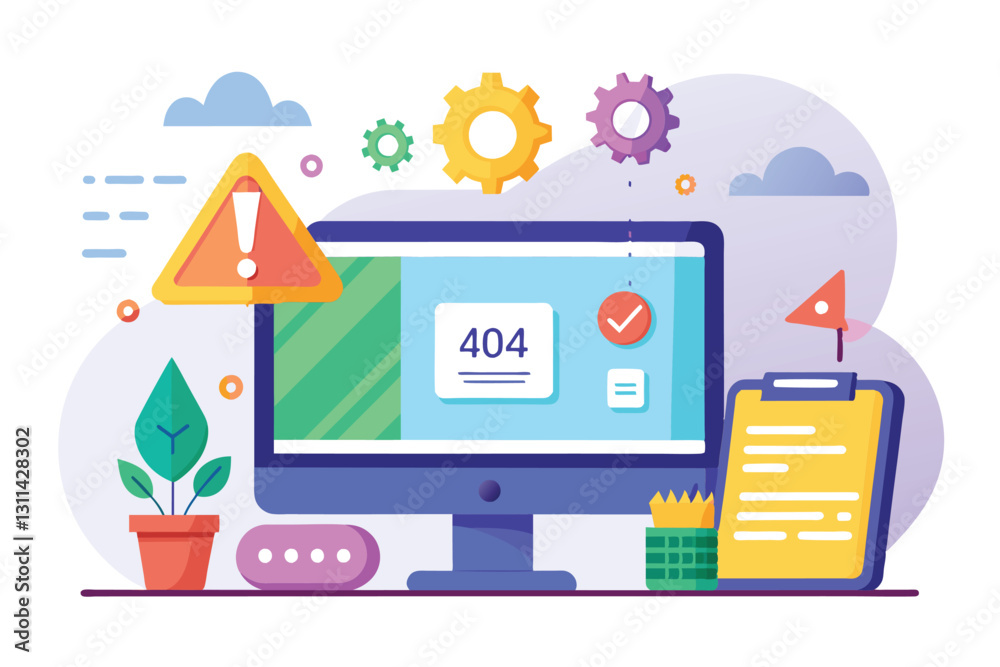 Poster a computer screen shows a 404 error with warning symbols while a clipboard and plants are nearby, pr